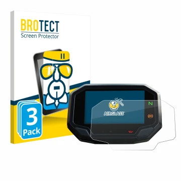 Parte frontal de un envase de producto con el logotipo de la marca BROTECT. Al lado se muestra el dispositivo Kawasaki Versys 