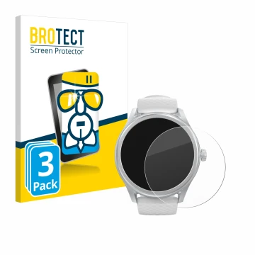 Parte frontal de un envase de producto con el logotipo de la marca BROTECT. Al lado se muestra el dispositivo Hama Smartwatch 