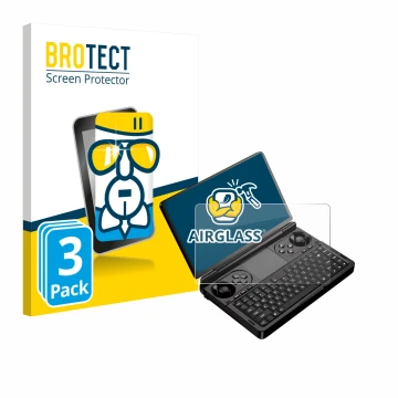 Parte frontal de un envase de producto con el logotipo de la marca BROTECT. Al lado se muestra el dispositivo GPD Win Mini (20