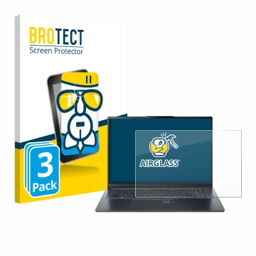 Parte frontal de un envase de producto con el logotipo de la marca BROTECT. Al lado se muestra el dispositivo Acer Swift Go 16