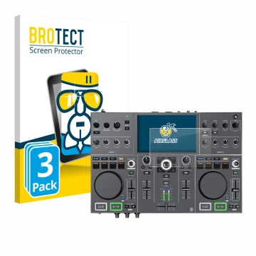 Parte frontal de un envase de producto con el logotipo de la marca BROTECT. Al lado se muestra el dispositivo Denon DJ Prime G