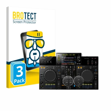 Parte frontal de un envase de producto con el logotipo de la marca BROTECT. Al lado se muestra el dispositivo Pioneer XDJ -RR 