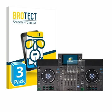 Parte frontal de un envase de producto con el logotipo de la marca BROTECT. Al lado se muestra el dispositivo Denon DJ SC LIVE