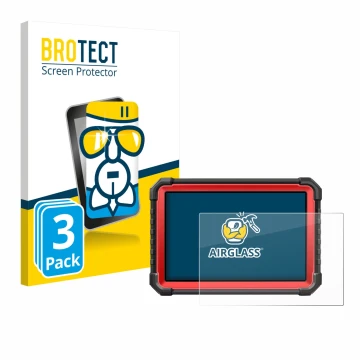 Parte frontal de un envase de producto con el logotipo de la marca BROTECT. Al lado se muestra el dispositivo Launch X-431 PRO