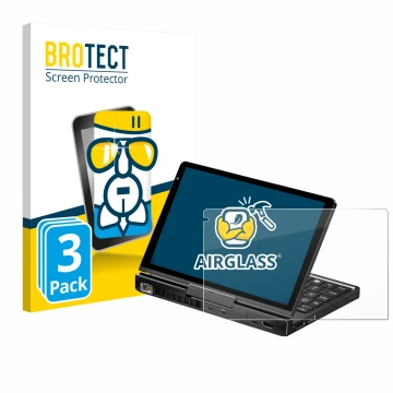 Parte frontal de un envase de producto con el logotipo de la marca BROTECT. Al lado se muestra el dispositivo GPD Pocket 4 con