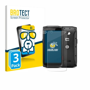 Parte frontal de un envase de producto con el logotipo de la marca BROTECT. Al lado se muestra el dispositivo Crosscall Core-M