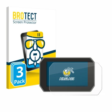 Parte frontal de un envase de producto con el logotipo de la marca BROTECT. Al lado se muestra el dispositivo Yamaha Tracer 9 