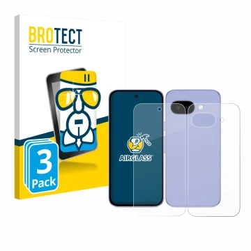 Parte frontal de un envase de producto con el logotipo de la marca BROTECT. Al lado se muestra el dispositivo Google Pixel 9a 