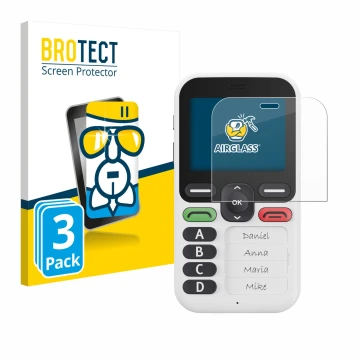 Parte frontal de un envase de producto con el logotipo de la marca BROTECT. Al lado se muestra el dispositivo Doro Leva X10 co