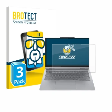 Parte frontal de un envase de producto con el logotipo de la marca BROTECT. Al lado se muestra el dispositivo Lenovo ThinkBook