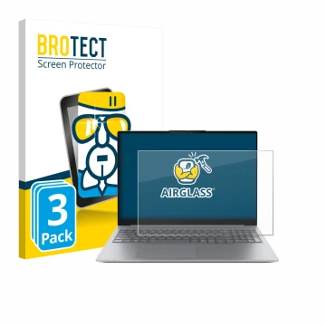 Parte frontal de un envase de producto con el logotipo de la marca BROTECT. Al lado se muestra el dispositivo Lenovo ThinkBook