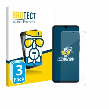 Parte frontal de un envase de producto con el logotipo de la marca BROTECT. Al lado se muestra el dispositivo Samsung Galaxy A