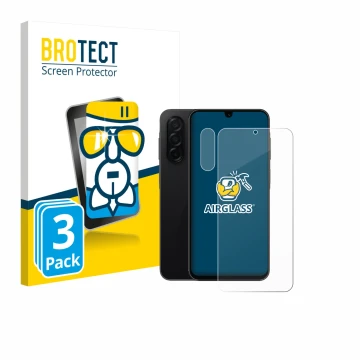 Parte frontal de un envase de producto con el logotipo de la marca BROTECT. Al lado se muestra el dispositivo Samsung Galaxy A