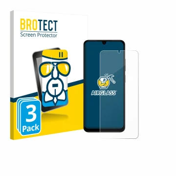 Parte frontal de un envase de producto con el logotipo de la marca BROTECT. Al lado se muestra el dispositivo Xiaomi Redmi A5 