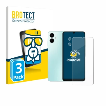 Parte frontal de un envase de producto con el logotipo de la marca BROTECT. Al lado se muestra el dispositivo Samsung Galaxy A