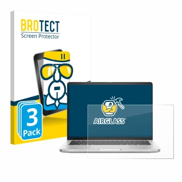 Parte frontal de un envase de producto con el logotipo de la marca BROTECT. Al lado se muestra el dispositivo Dell Pro 14 Plus