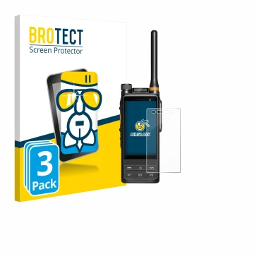 Parte frontal de un envase de producto con el logotipo de la marca BROTECT. Al lado se muestra el dispositivo Hytera PDC680 co