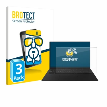 Parte frontal de un envase de producto con el logotipo de la marca BROTECT. Al lado se muestra el dispositivo LG gram 17