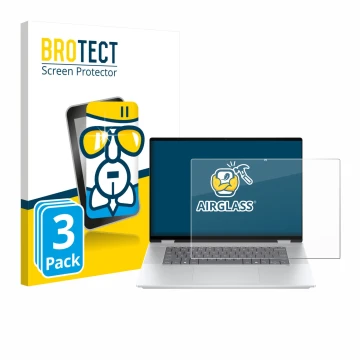 Parte frontal de un envase de producto con el logotipo de la marca BROTECT. Al lado se muestra el dispositivo HP OmniBook X Fl