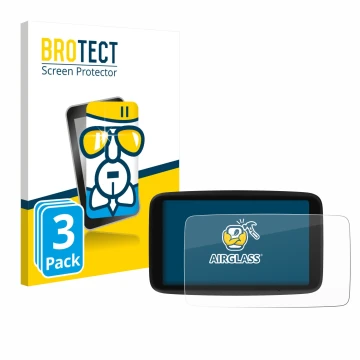 Parte frontal de un envase de producto con el logotipo de la marca BROTECT. Al lado se muestra el dispositivo TomTom Go Naviga