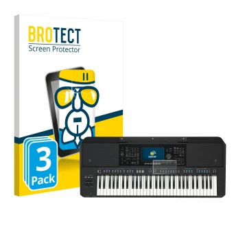 Parte frontal de un envase de producto con el logotipo de la marca BROTECT. Al lado se muestra el dispositivo Yamaha PSR-SX720