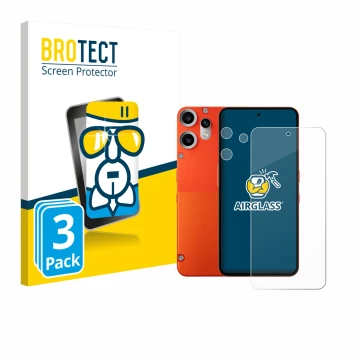 Parte frontal de un envase de producto con el logotipo de la marca BROTECT. Al lado se muestra el dispositivo Nothing CMF Phon