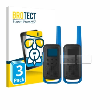 Parte frontal de un envase de producto con el logotipo de la marca BROTECT. Al lado se muestra el dispositivo Motorola TALKABO