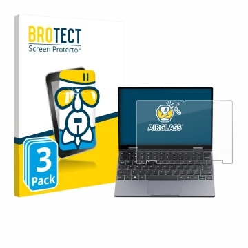 Parte frontal de un envase de producto con el logotipo de la marca BROTECT. Al lado se muestra el dispositivo Chuwi MiniBook X