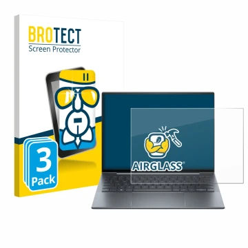 Parte frontal de un envase de producto con el logotipo de la marca BROTECT. Al lado se muestra el dispositivo HP Dragonfly 13.