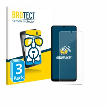 Parte frontal de un envase de producto con el logotipo de la marca BROTECT. Al lado se muestra el dispositivo Doogee Note 59 P