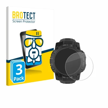 Parte frontal de un envase de producto con el logotipo de la marca BROTECT. Al lado se muestra el dispositivo Garmin Instinct 