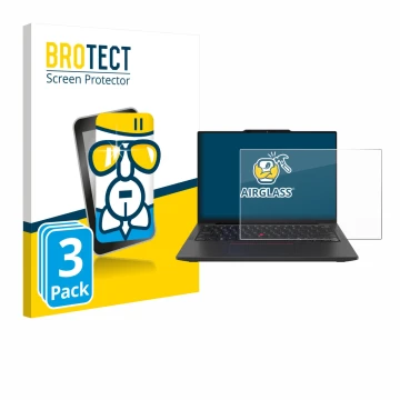 Parte frontal de un envase de producto con el logotipo de la marca BROTECT. Al lado se muestra el dispositivo Lenovo ThinkPad 