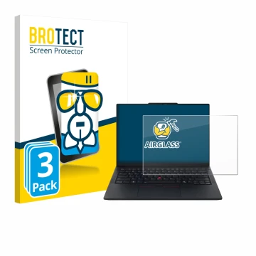 Parte frontal de un envase de producto con el logotipo de la marca BROTECT. Al lado se muestra el dispositivo Lenovo ThinkPad 