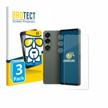 Parte frontal de un envase de producto con el logotipo de la marca BROTECT. Al lado se muestra el dispositivo Sony Xperia 1 VI