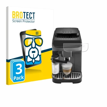 Parte frontal de un envase de producto con el logotipo de la marca BROTECT. Al lado se muestra el dispositivo DeLonghi Magnifi