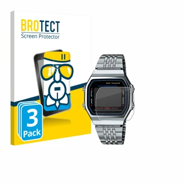 Parte frontal de un envase de producto con el logotipo de la marca BROTECT. Al lado se muestra el dispositivo Casio iconic ABL