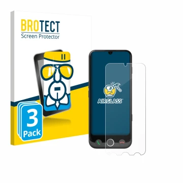 Parte frontal de un envase de producto con el logotipo de la marca BROTECT. Al lado se muestra el dispositivo Doro Aurora A30 