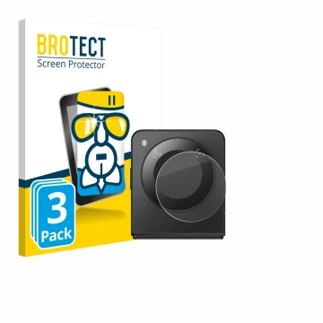 Parte frontal de un envase de producto con el logotipo de la marca BROTECT. Al lado se muestra el dispositivo Nubia Flip 5G (S