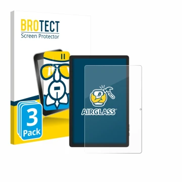 Parte frontal de un envase de producto con el logotipo de la marca BROTECT. Al lado se muestra el dispositivo Doogee Tab E3 Pr