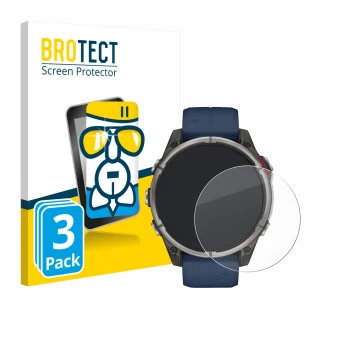 Parte frontal de un envase de producto con el logotipo de la marca BROTECT. Al lado se muestra el dispositivo Garmin quatix 8 