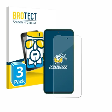 Parte frontal de un envase de producto con el logotipo de la marca BROTECT. Al lado se muestra el dispositivo Fairphone 6 con 