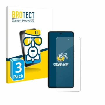 Parte frontal de un envase de producto con el logotipo de la marca BROTECT. Al lado se muestra el dispositivo realme P3 5G con