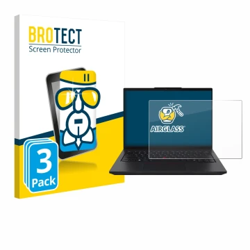 Parte frontal de un envase de producto con el logotipo de la marca BROTECT. Al lado se muestra el dispositivo Lenovo ThinkPad 