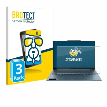 Parte frontal de un envase de producto con el logotipo de la marca BROTECT. Al lado se muestra el dispositivo Lenovo Yoga Slim