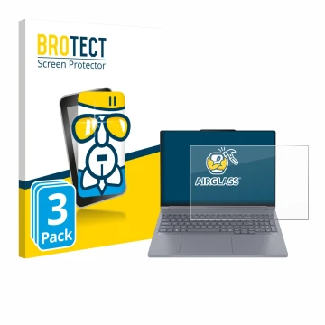Parte frontal de un envase de producto con el logotipo de la marca BROTECT. Al lado se muestra el dispositivo Lenovo ThinkBook