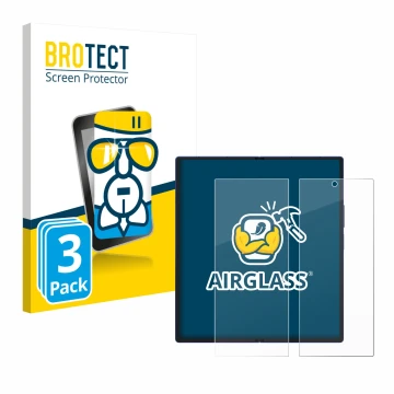 Parte frontal de un envase de producto con el logotipo de la marca BROTECT. Al lado se muestra el dispositivo Samsung Galaxy Z