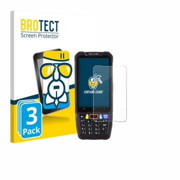 Parte frontal de un envase de producto con el logotipo de la marca BROTECT. Al lado se muestra el dispositivo Point Mobile PM6