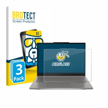 Parte frontal de un envase de producto con el logotipo de la marca BROTECT. Al lado se muestra el dispositivo Lenovo ThinkPad 