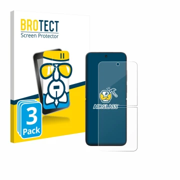 Parte frontal de un envase de producto con el logotipo de la marca BROTECT. Al lado se muestra el dispositivo Xiaomi MIX Flip 