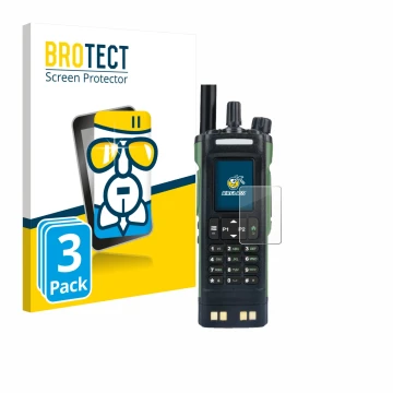 Parte frontal de un envase de producto con el logotipo de la marca BROTECT. Al lado se muestra el dispositivo Baofeng DM-32 co